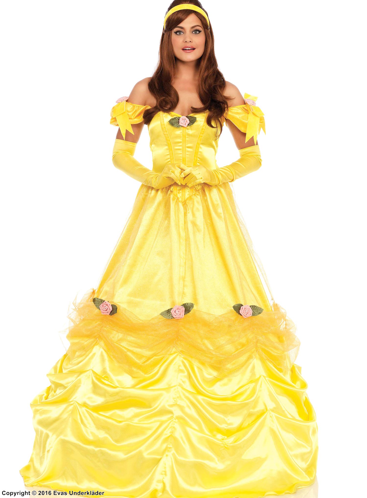 Prinsesse Belle fra Skjønnheten og Udyret, kostyme-kjole, stort bånd, blomster, nettstoff-overlay, off-shoulder